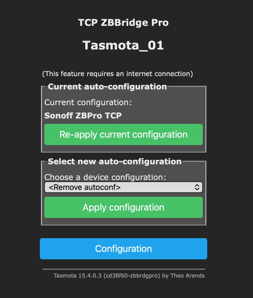 Tasmota Configuration Screen Showing TCP option