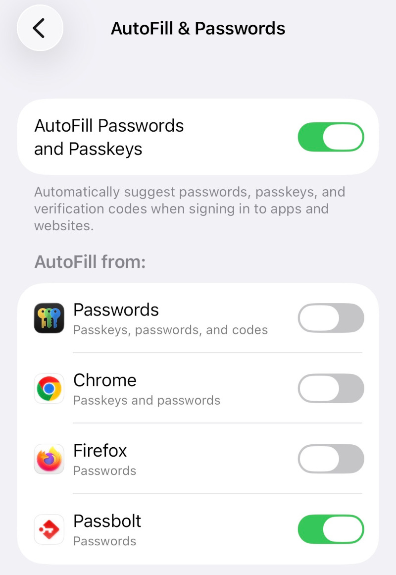 Screenshot showing Passbolt selected as the Autofill Password Option