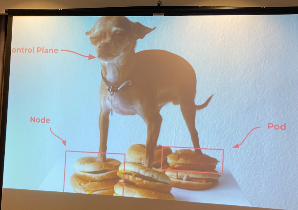 A chihuahua with two cheeseburgers under each of their four feet